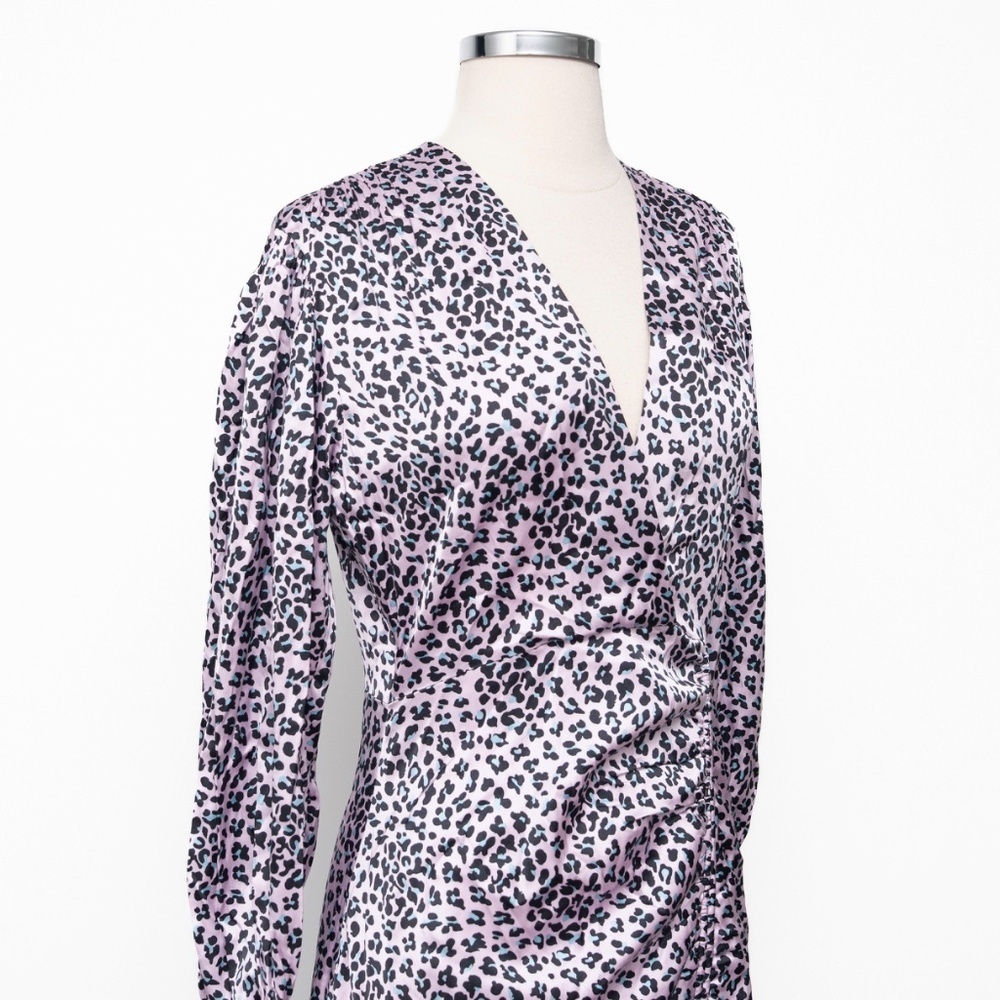 Maje | Maje Draped Leopard-Print Mini Dress‎ Pink Black Puff Sleeve V-Neck  NWT - Picture 8 of 13